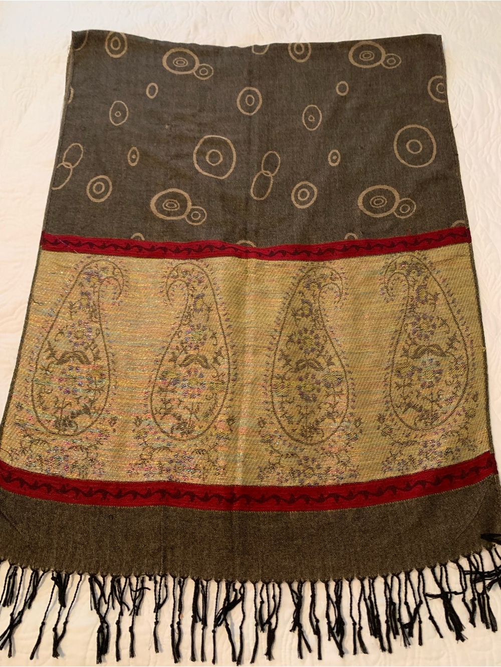 Shawl / Sarong - Gold tones Paisley Border Shawl with Red Trim
